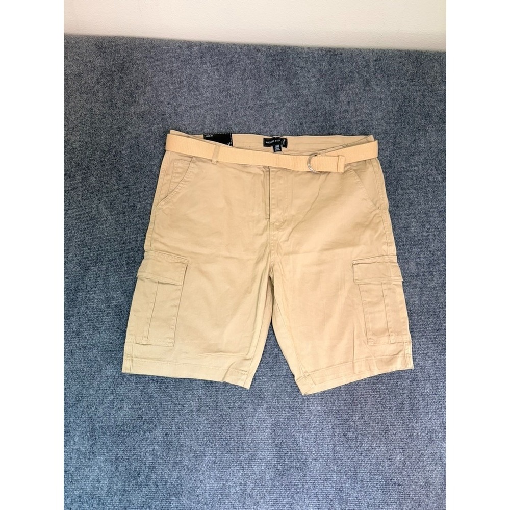 NWT Wicked Stitch Beige Mens Cargo Pocket Belted Shorts Cotton Blend Size 38‎